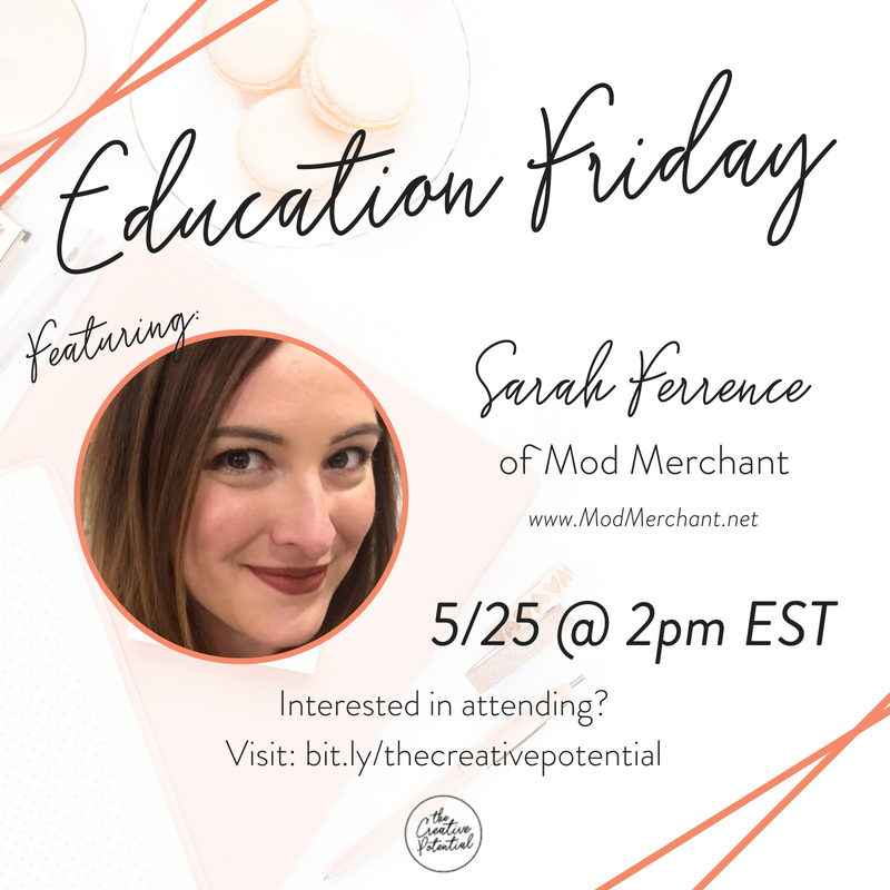 Don't forget to join us this Friday for a guest lesson by Sarah Ferrance. She is going to be chatting with us about how to build your B2B relationships. Mark your calendars now for 2pm EST/ 11am PST in The Creative Potential group!