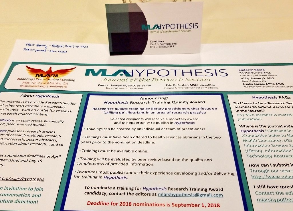 meansell's tweet photo. Check it out! Hypothesis has business cards! And a poster! Also, did you know that Hypothesis is indexed in CINAHL, LISS, and LISTA? I didn't!#ResearchSection #MLANet18 https://t.co/oQuhUwkkfG