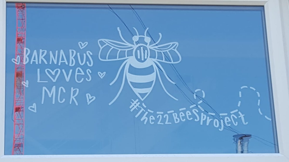 BarnabusMcr's tweet image. This is the beautiful artwork by @22BeesProject on the window at the Beacon #WeStandTogether #lovemanchester #hopewins