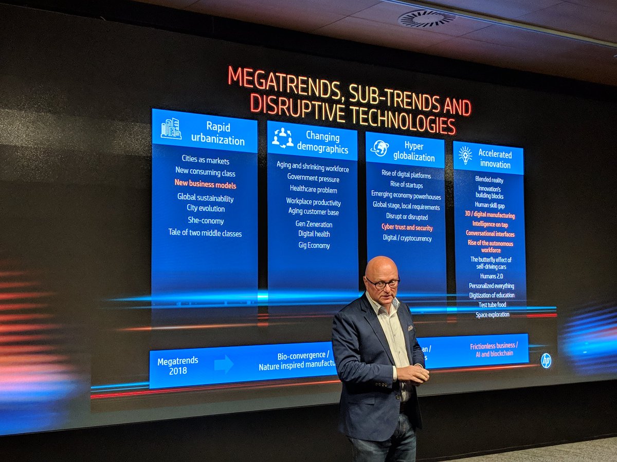 3DPrint_com's tweet photo. Megatrends driving the future of disruption: @ShaneWallCTO discusses rapid urbanization, changing demographics, hyper globalization, accelerated innovation. What do these mean for business, sustainability?
#HPInnovationSummit https://t.co/2dhgYnBkiL