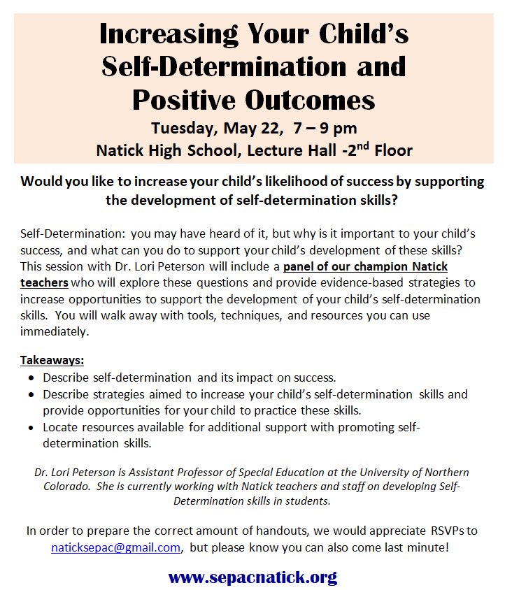Dr. Peterson will be presenting to parents of general and special education students tonight! Come learn some great strategies and the basics of Self-Determination!
