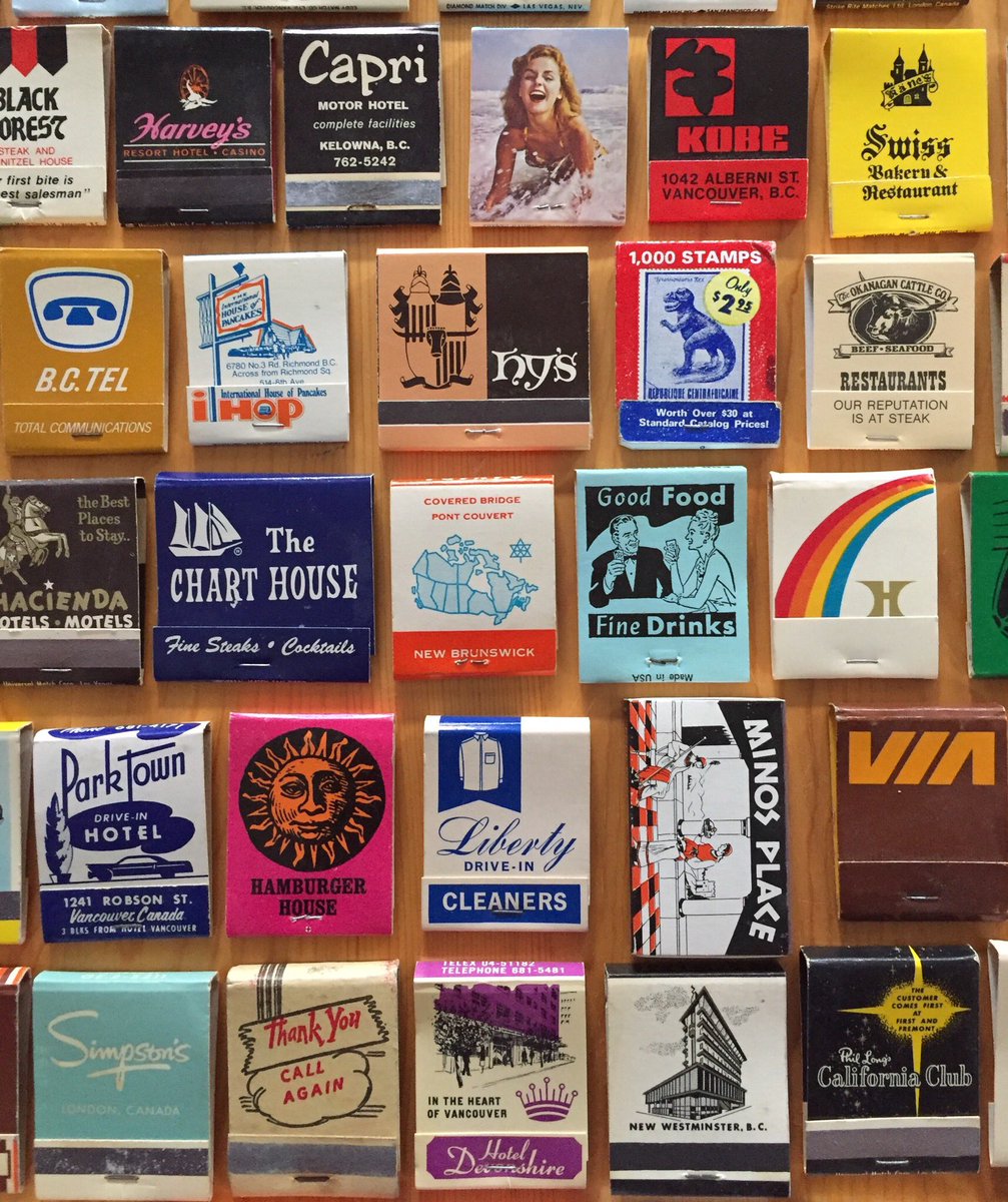 garnetso's tweet photo. As an Art Director, I think it’s important to look for design inspiration outside of animation. Great ideas are everywhere. Check out my collection of matchbooks from the 60s,70s, and 80s. #thanksdad #artdirection #designref #timecapsule #colorpalette https://t.co/otS688q4hn