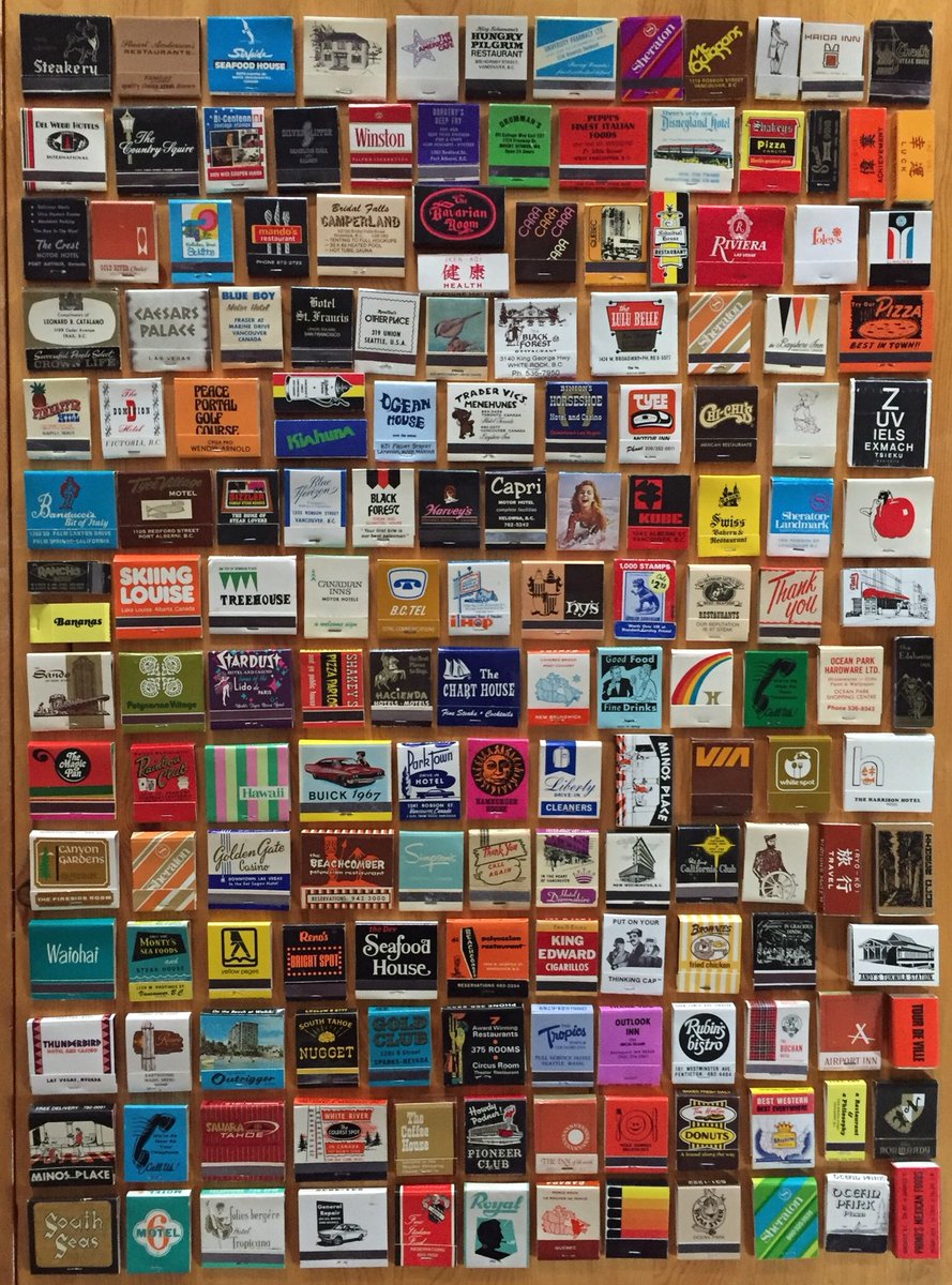 garnetso's tweet photo. As an Art Director, I think it’s important to look for design inspiration outside of animation. Great ideas are everywhere. Check out my collection of matchbooks from the 60s,70s, and 80s. #thanksdad #artdirection #designref #timecapsule #colorpalette https://t.co/otS688q4hn