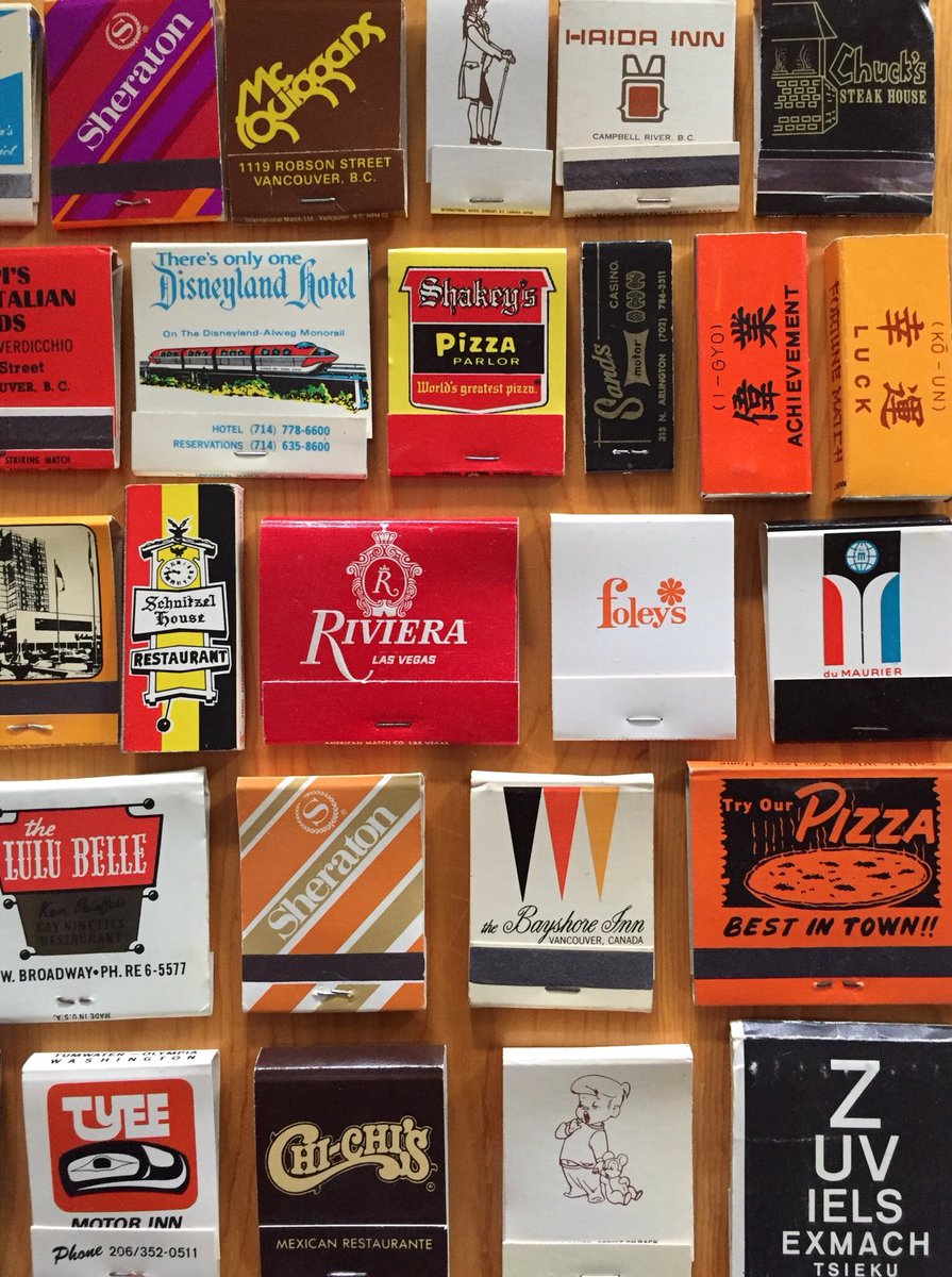 garnetso's tweet photo. As an Art Director, I think it’s important to look for design inspiration outside of animation. Great ideas are everywhere. Check out my collection of matchbooks from the 60s,70s, and 80s. #thanksdad #artdirection #designref #timecapsule #colorpalette https://t.co/otS688q4hn