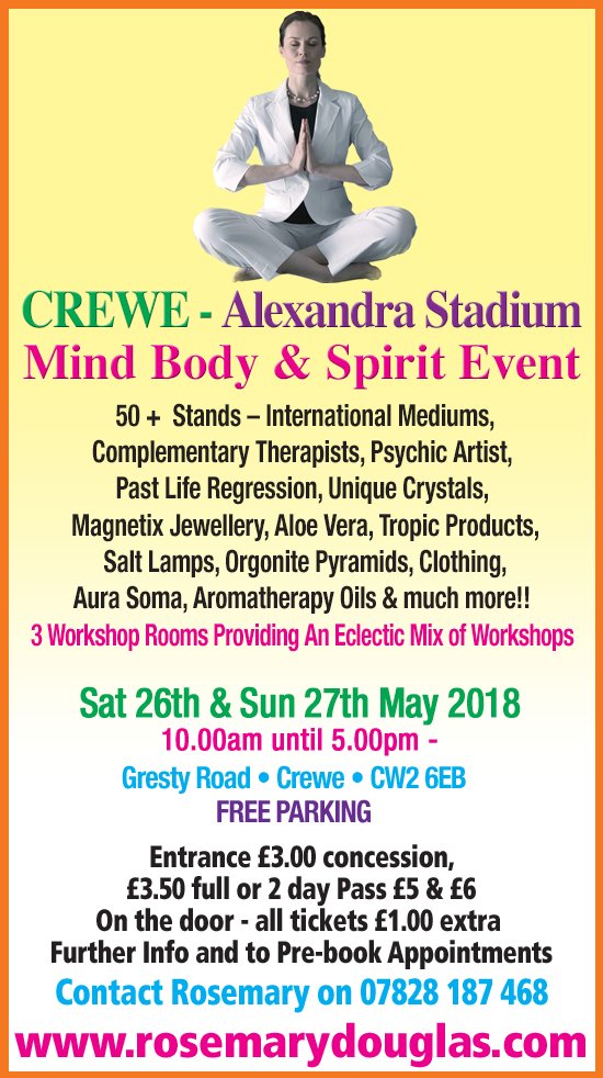Soulecting's tweet photo. 26/27 May - Crewe Alexandra – Mind Body Spirit Event, UK #soulecting #stalls #workshops #readers #mediums #crystals #healing #MBS #CreweMBS @RosemaryDouglas https://t.co/F7NX9wX9rS https://t.co/H2iRSnj3M3