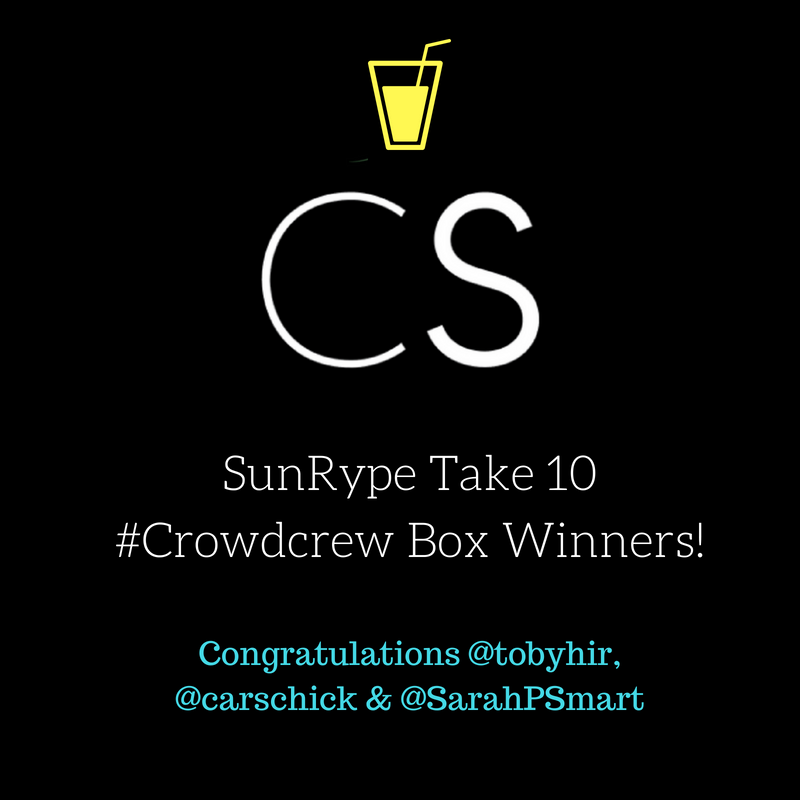 CrowdSocialCA's tweet photo. Congratulations to our @Sunrype Take 10 #Crowdcrew Box Winners this month @carschick, @tobyhir &amp; @SarahPSmart! #SunRypeTake10 #CrowdCrewBox https://t.co/3l6vD7SsTR