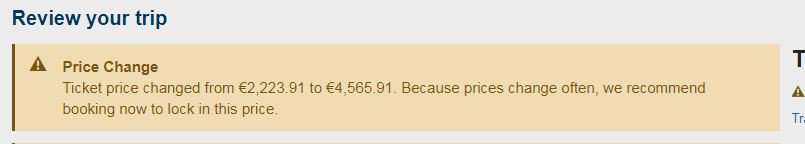 SarahAshCullen's tweet photo. @ExpediaIE so in the 45 seconds it took me to select my flights, the price has increased from €2,223.91 to €4,565.91... I understand that the prices on the website may not be live prices, but a 200% difference??? That's absurd!! @NiallJCullen https://t.co/OEvdgqOJYr