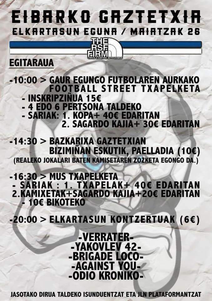 BultzadaTX's tweet photo. Larunbata Maiatzak 26 ELKARTASUN EGUNA Eibarko gaztetxean!
Street futbol txapelketa, bazkaria, mus txapelketa eta kontzertuak!
ANIMA ZAITEZ! https://t.co/q5YXL9u62b