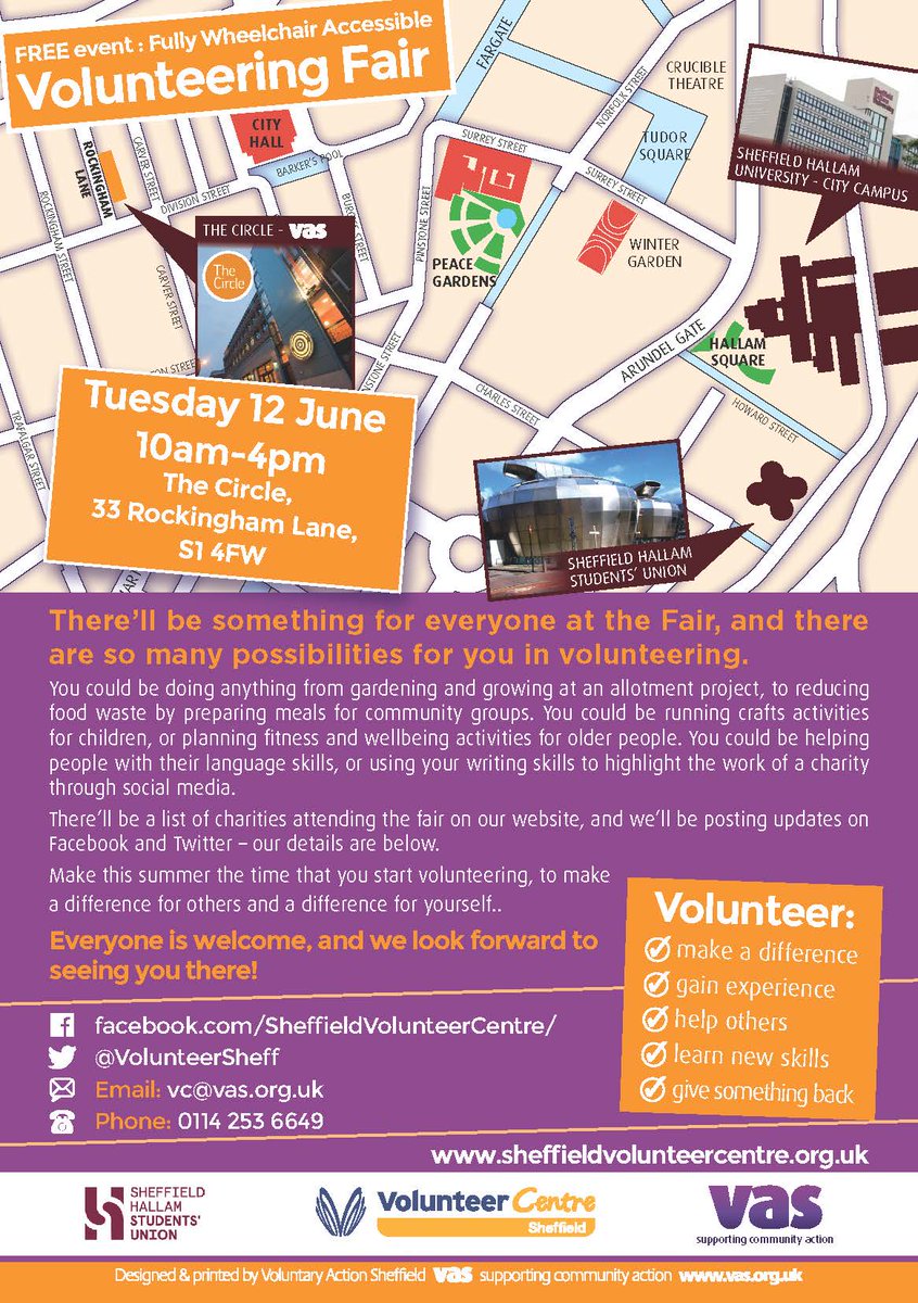 Come to the Volunteering Fair will be on Tuesday 12th June @CircleSheffield, from 10am-4pm. More details here soon! ow.ly/P1eu30jYZPG    <a href="/HelpSheffield/">Help Sheffield</a> 😀<a href="/vasnews/">Voluntary Action Sheffield</a> <a href="/SHSUVolunteer/">SHSU Volunteering</a> @hallamunion #Sheffieldissuper