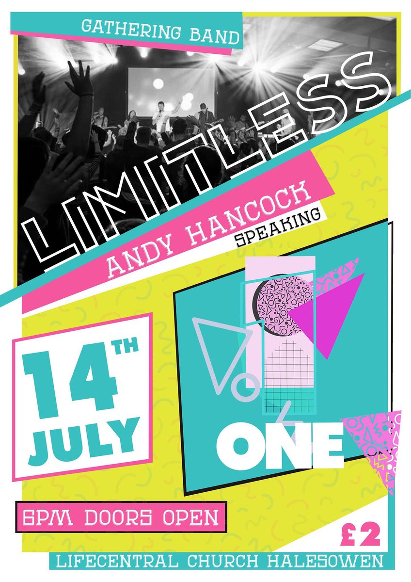 Our next regional youth event is happening 14th July at <a href="/LifecentralUK/">Lifecentral Church</a> doors open @ 6pm we can’t wait for it - head over to our Facebook page and join the event #ONE #Limitless #Midlands #Elim