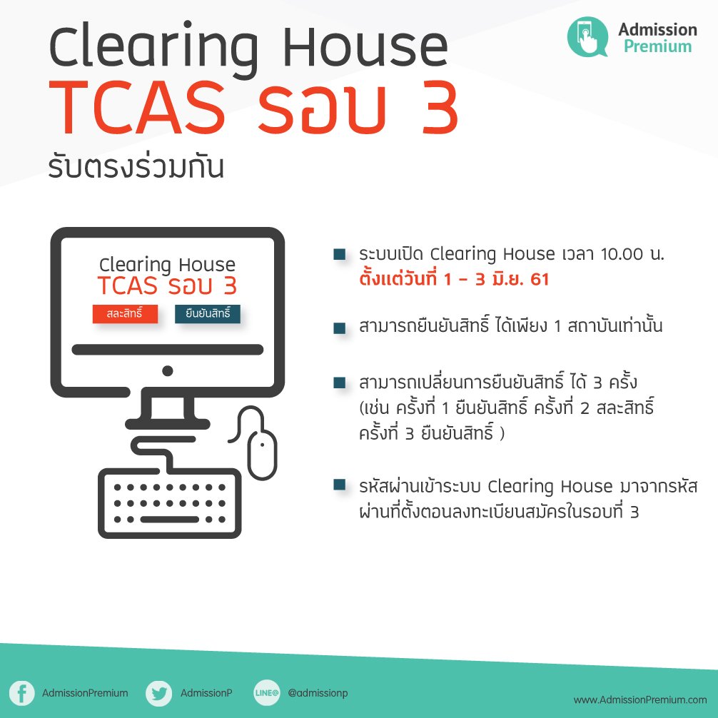 #TCAS รอบที่ 3 #เคลียริงเฮาส์ วันที่ 1-3 มิ.ย. ก่อนการสัมภาษณ์ ใช้รหัสที่กำหนดขึ้นเองตอนสมัครนะคะ #dek61

รายละเอียด >> admissionpremium.com/content/3730

.....
เรียนคอร์สออนไลน์ฟรี "TCAS Final Score 61 
เทคนิคคิดคะแนน วางแผนสอบติด TCAS รอบ 3 และ 4" 
ที่นี่ > bit.ly/tcasunlock