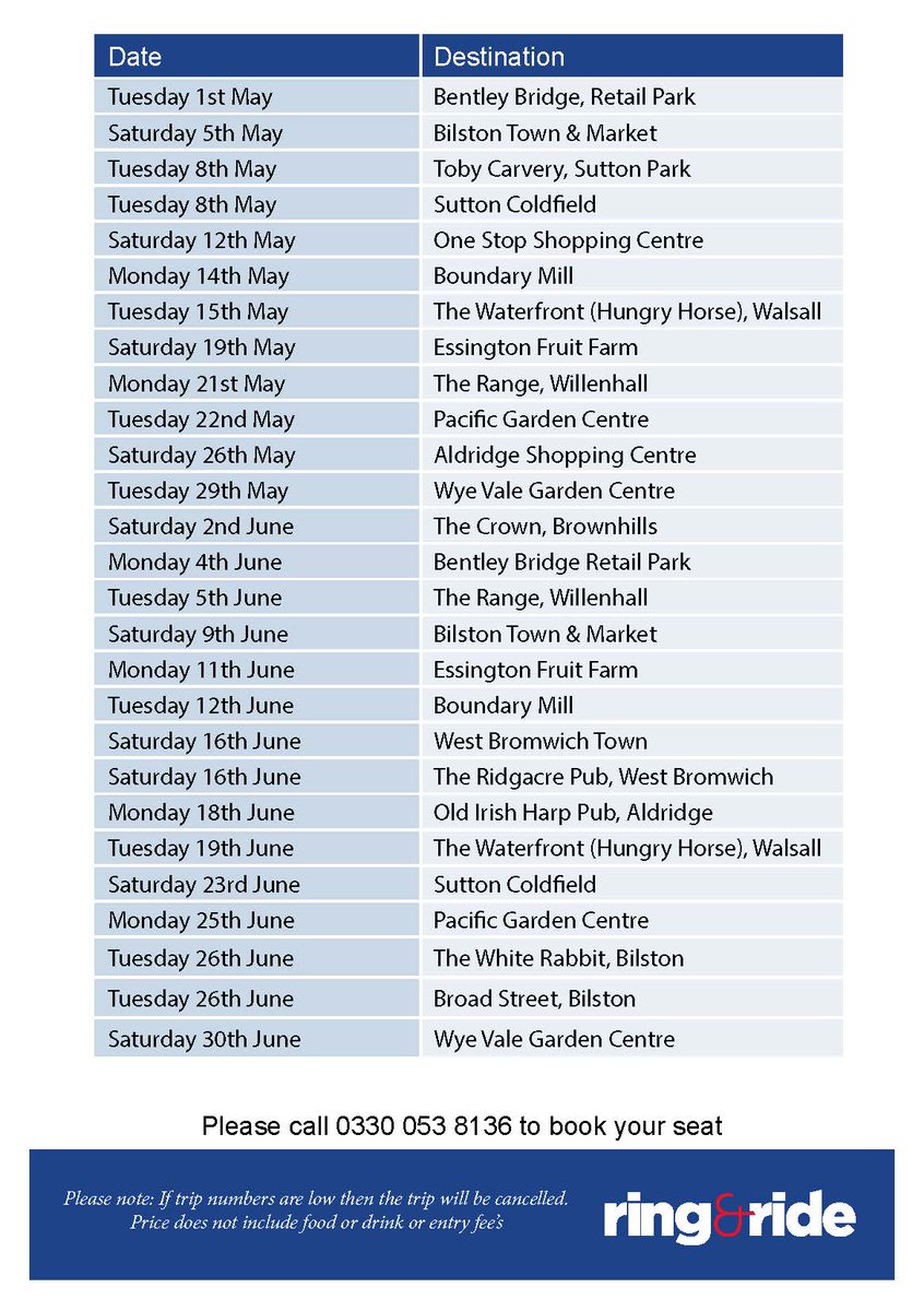 ringandridewm's tweet photo. For our walsall users here are your trips for May and June from Bentley Bridge Retail Park to Wye Vale Garden Centre https://t.co/CkX3JSEYnc