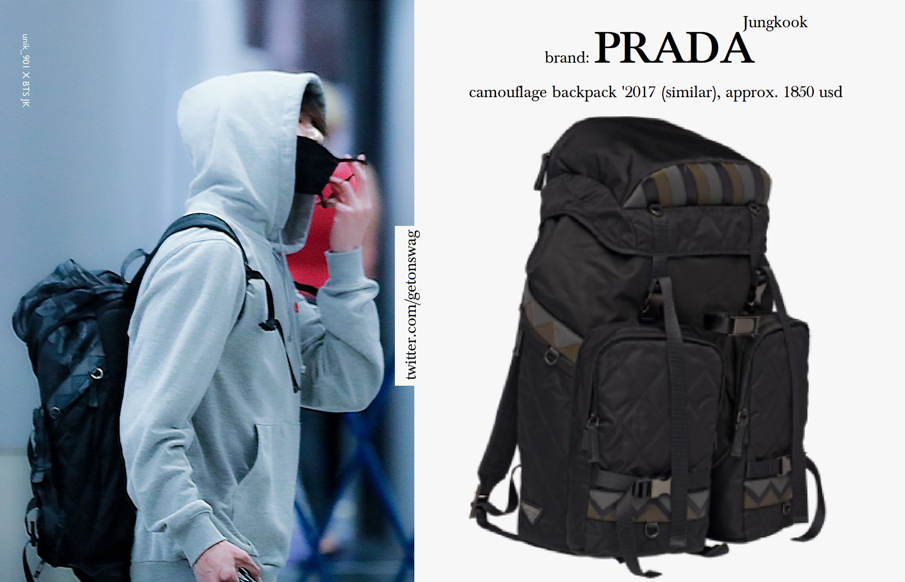 Beyond The Style ✼ Alex ✼ di X: 180523 airport [ JUNGKOOK #BTS #JUNGKOOK  #정국 #방탄소년단 ] PRADA camouflage backpack '2017 (similar), approx. 1850 usd 🎁   / X