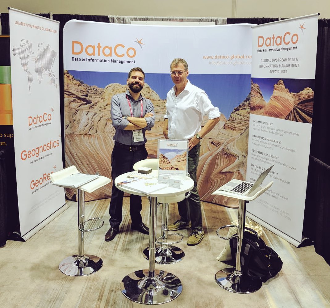 DataCoLtd's tweet photo. All set up, Booth 702 swing past and say Hi ✋to our MD Henri Tykoezinski &amp; Technical Lead Francesco Bardi to discus all your Subsurface Data management &amp; Data Analytics needs #PNEC2018 #futureofoil #futureofenergy https://t.co/O8AO95zvG5