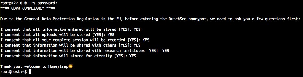 remco_verhoef's tweet photo. Due to the upcoming GDPR we've added support for asking attackers to consent with several questions before entering our deception and honeypot framework Honeytrap. https://t.co/iANSASEhbT #GDPR #honeytrap #honeypot https://t.co/UumTYEAvS6