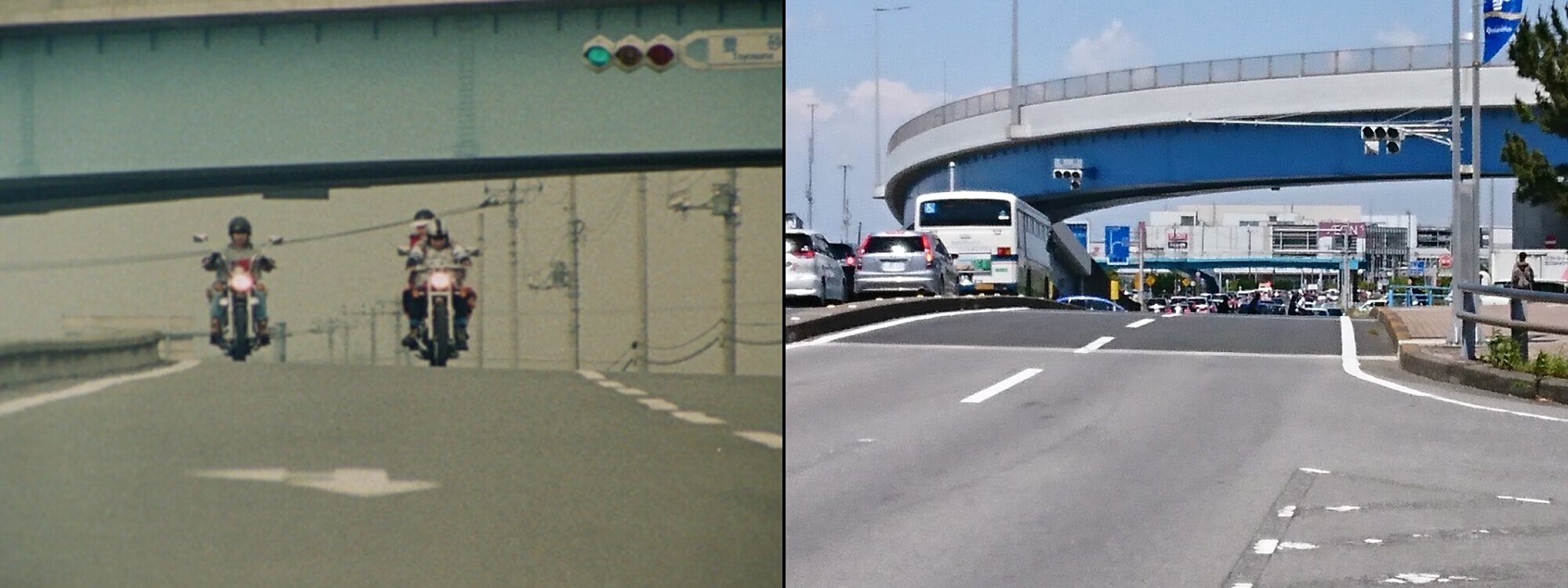 Ex 自称 戦隊ロケ地研究家 スーパー戦隊ロケ地巡り 忍者戦隊カクレンジャー 千葉県千葉市美浜区中瀬２丁目 メッセ大通り 平成橋 2話より 豊砂交差点から幕張メッセに向かう大通り 奥に見える架橋は豊砂陸橋 サスケ役の小川輝晃氏は