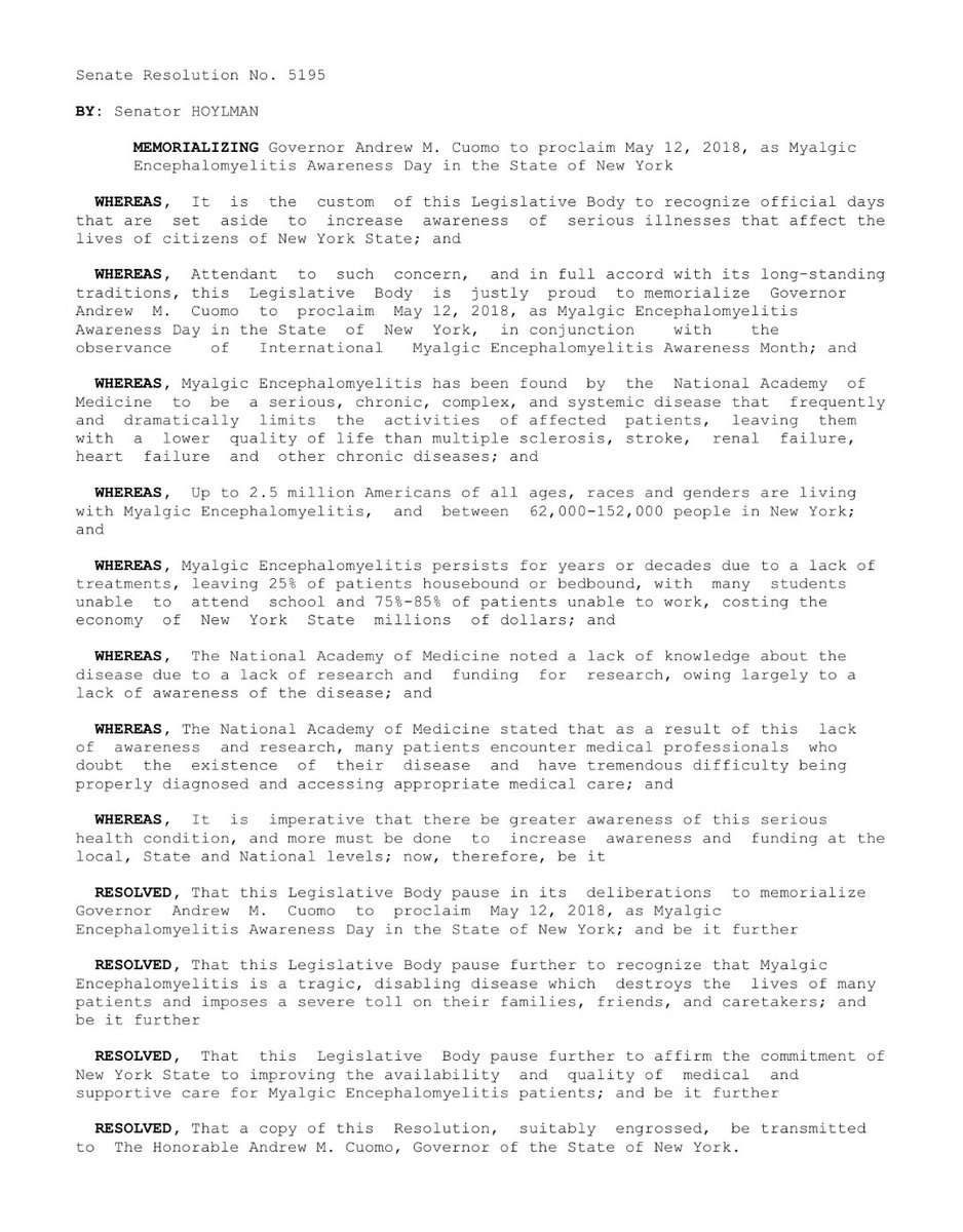 bradhoylman's tweet photo. I’m supporting #MECFS awareness with this official @NYSenate resolution👇

Learn more about ME/CFS at: https://t.co/gFEQmk4Fzc https://t.co/f2wy3Dj2eA