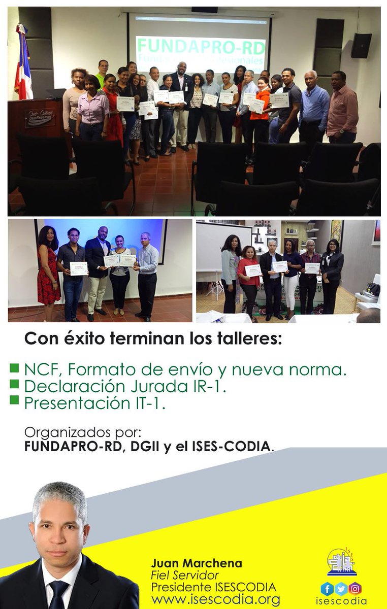 isescodia's tweet photo. Con éxito terminan los talleres:
-NCF, formato de envío y nueva norma.
-Declaración Jurada IR-1
-Presentación IT-1

Organizados por: FUNDAPRO-RD, DGII y el ISES-CODIA

https://t.co/zCo1V7In0o #isescodia #codia #seguridadsocial https://t.co/3pxbyukDvc