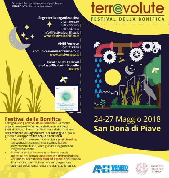 FederazioneFOIV's tweet photo. Si terrà giovedì 24 maggio alle ore 9.30 nell’auditorium del centro culturale Leonardo da Vinci, la cerimonia di inaugurazione di #TerrEvolute, Festival della Bonifica, dal 24 al 27 maggio a @SanDonaOfficial
@AnbiVeneto @UniPadova
Tutte le info nel sito
https://t.co/wE6xAa5ug0 https://t.co/e5Fd6XJhtj