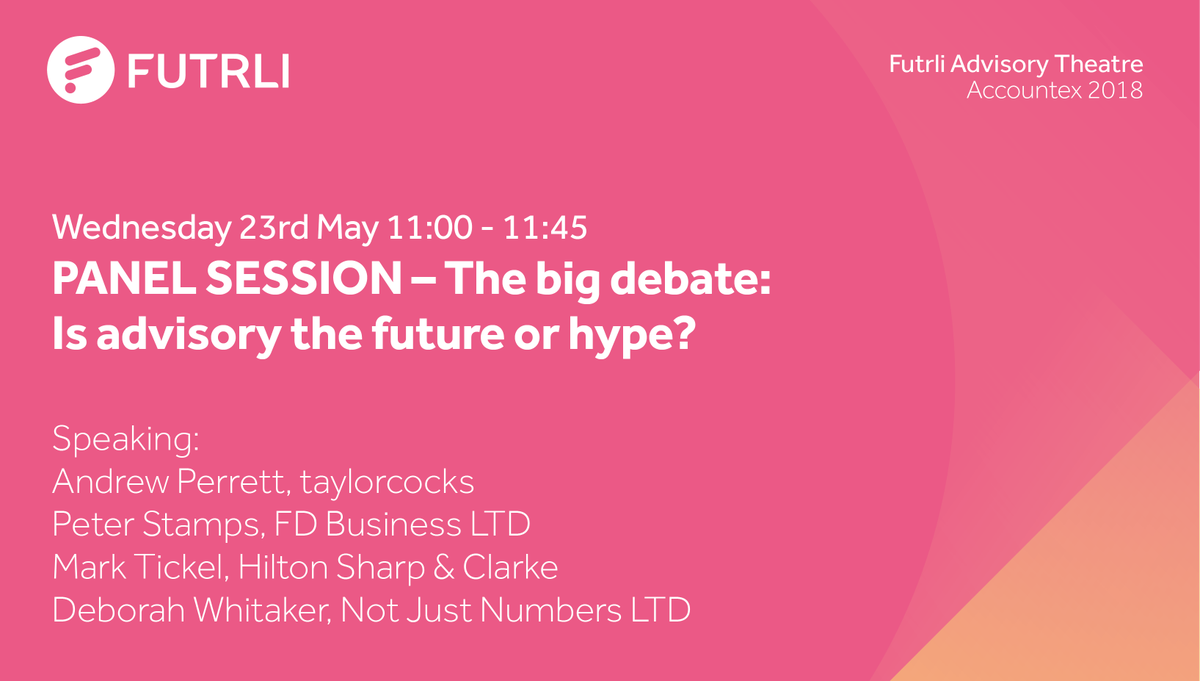Futrli (@futrli) on Twitter photo We're kicking things off in the #FutrliAdvisoryTheatre tomorrow at 11am with an amazing panel of industry-leaders. Join the debate with <a href="/taylorcocks/">Taylor Cocks</a> <a href="/FD_Biz/">FD Business</a> <a href="/NotJustNumbersL/">Debbie Whitaker</a> <a href="/hscAccountants/">HSC</a>.
#Accountex We're kicking things off in the #FutrliAdvisoryTheatre tomorrow at 11am with an amazing panel of industry-leaders. Join the debate with <a href="/taylorcocks/">Taylor Cocks</a> <a href="/FD_Biz/">FD Business</a> <a href="/NotJustNumbersL/">Debbie Whitaker</a> <a href="/hscAccountants/">HSC</a>.
#Accountex
