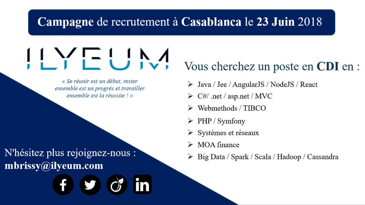 Ilyeum's tweet photo. ILYEUM sera de nouveau sur CASABLANCA le Samedi 23 Juin Pour recruter en CDI sur PARIS ses futurs collaborateurs/trices.
Transmettez nous vos CVs : mbrissy@ilyeum.com
#ILYEUMFAMILY
#CDIPARIS
#ACCOMPAGNEMENT
#FORMATIONS https://t.co/2uRzQlMbXo
