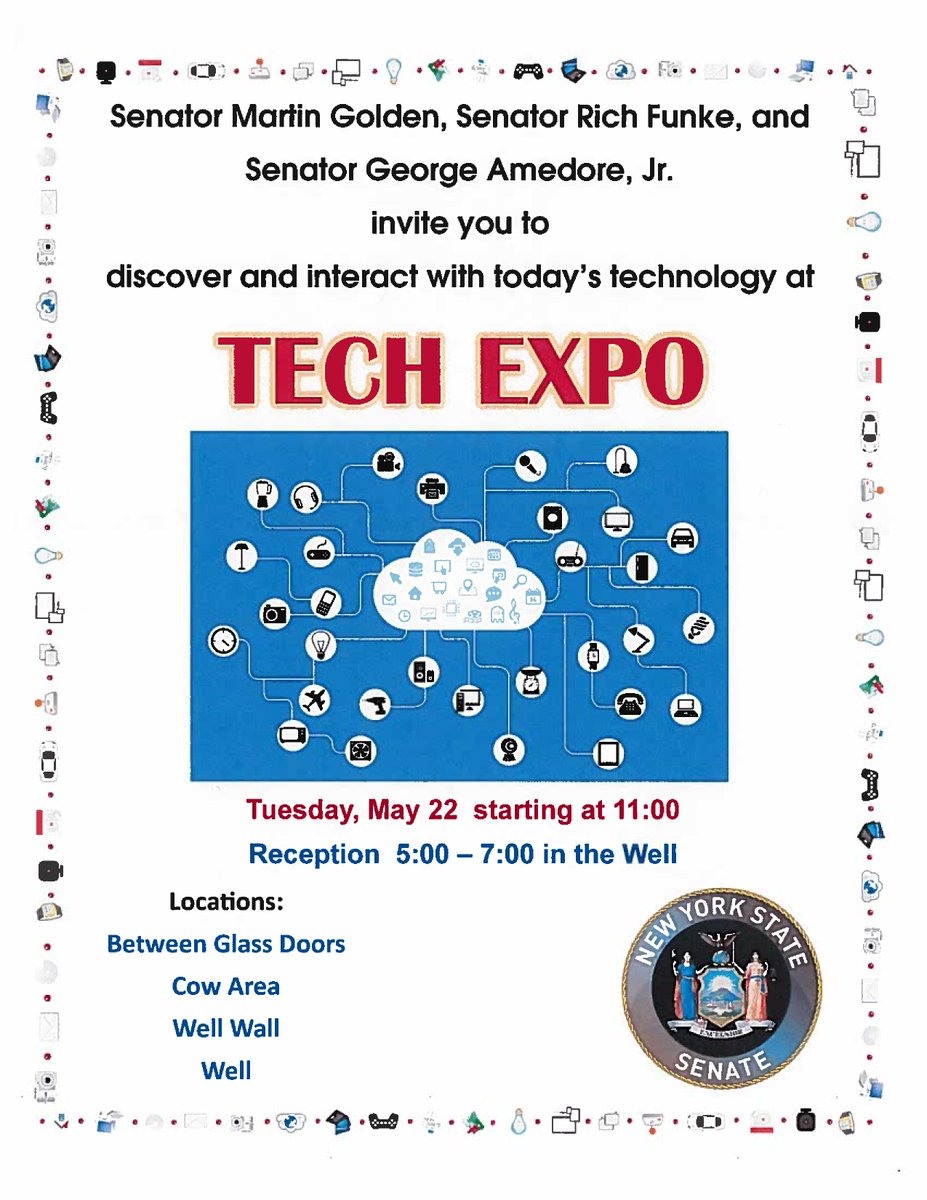 SenMartyGolden's tweet photo. Today starting at 11am, I, along with @SenatorFunke and Senator @GeorgeAmedore will be hosting the 2018 Tech Expo in the LOB. Come see companies such as @amazon, @VvisionsStudio, @FisherPrice, @Google, @NYUGameCenter, and many more! #TechExpo18 https://t.co/s0kTtL4iLw
