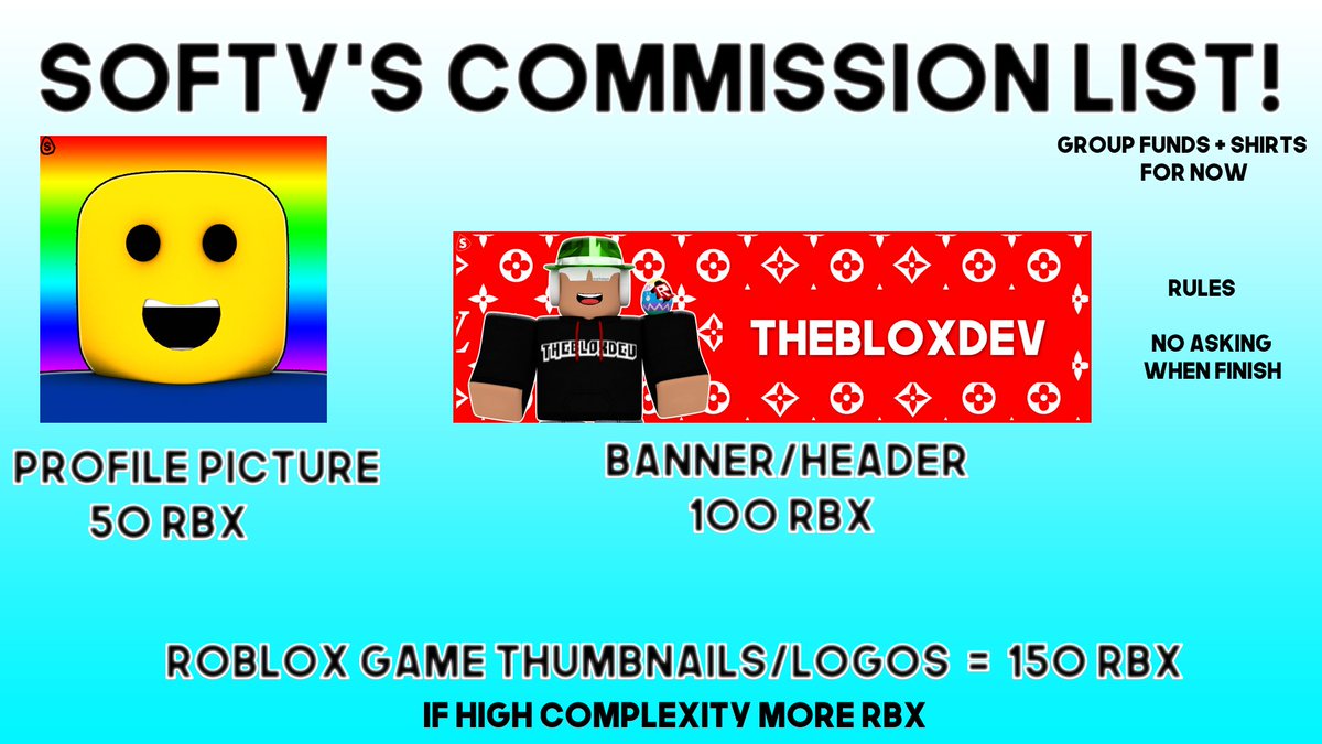 Softy On Twitter Softy S Commission List Roblox Renders Only Twitter Dm Me To Buy Or Dm Me In Discord To Buy Softgb 4926 Thank You Tags Robloxgfx Robloxcommissionlist Robloxdev Https T Co Nydtar6mi0 - roblox rules list