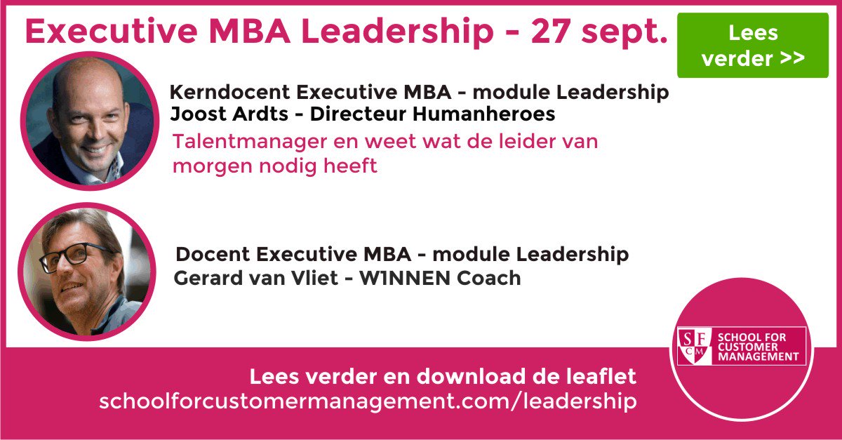 Trots op onze kerndocent Joost Ardts en docent Gerard van Vliet. Op 27 sept. a.s. start de Executive MBA module Leadership, met verrassende en vernieuwende onderwerpen! Nieuwsgierig? Download dan de leaflet: wqd.nl/7a5R #mba #sfcm #leadership #levenlangontwikkelen