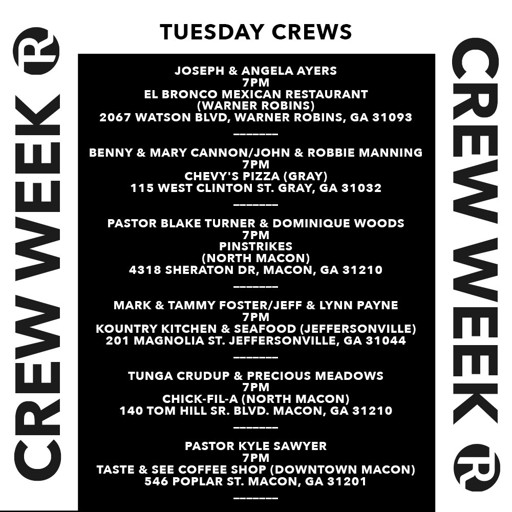 Reallifemacon's tweet photo. Crews are meeting tonight! You can visit https://t.co/NIJI6Nkv3Y to see times and locations of our crews! You don’t have to sign up, simply show up tonight at a 
Crew near you! 
#CrewWeek #BetterTogether https://t.co/rKchJfw2Lz