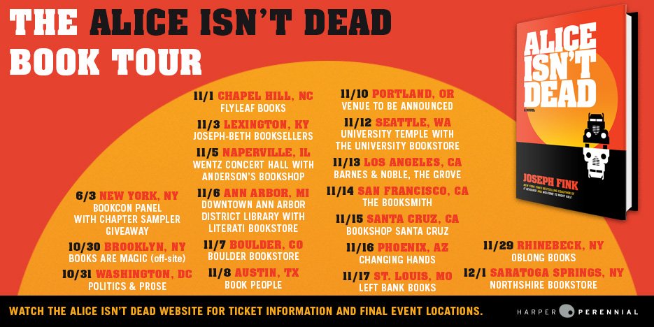 PlanetofFinks's tweet photo. Alice Isn't Dead Part 3, Chapter 3: Means of Escape. When it's time to leave, do it quickly. (You get to hear why Alice left in this one.) Plus! Announcing a 17 city(!) book tour https://t.co/N19Kiv8CVg https://t.co/z3dYHSdqvf