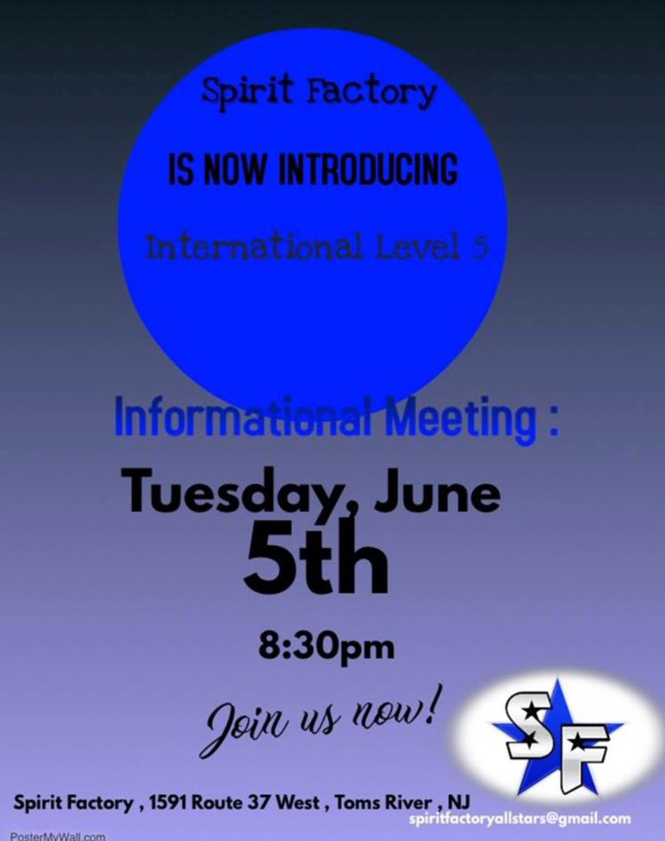June 5th!! Save the date for our informational meeting for our NEW international level 5 team🖤 Hope to see a lot of old and new faces! DM or email spiritfactoryallstar@gmail.com for and questions.