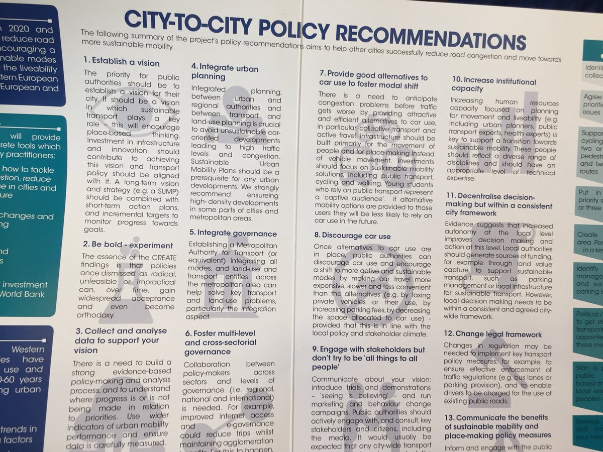 PiotrRapache's tweet photo. A lot of ready-to-implement recommendations on how to reduce #congestion in #cities, from #civitas #createmobility project. Just a few: be bold - experiment + vision! Involve citizens and other departments in #mobility #planning process. Discourage car use but give alternatives. https://t.co/3fBn5oCigD