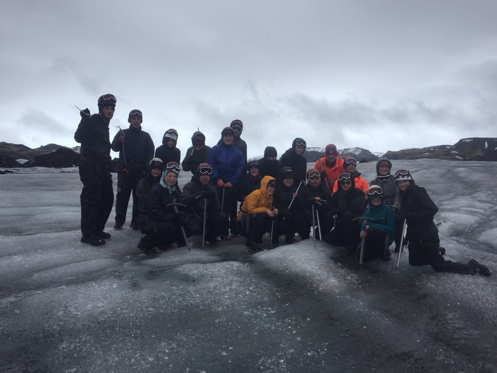 jbellmath's tweet image. At the top of Solheimajokull glacier with our Canadian friends! It is The fastest shrinking glacier in the world. #mhsbeyond