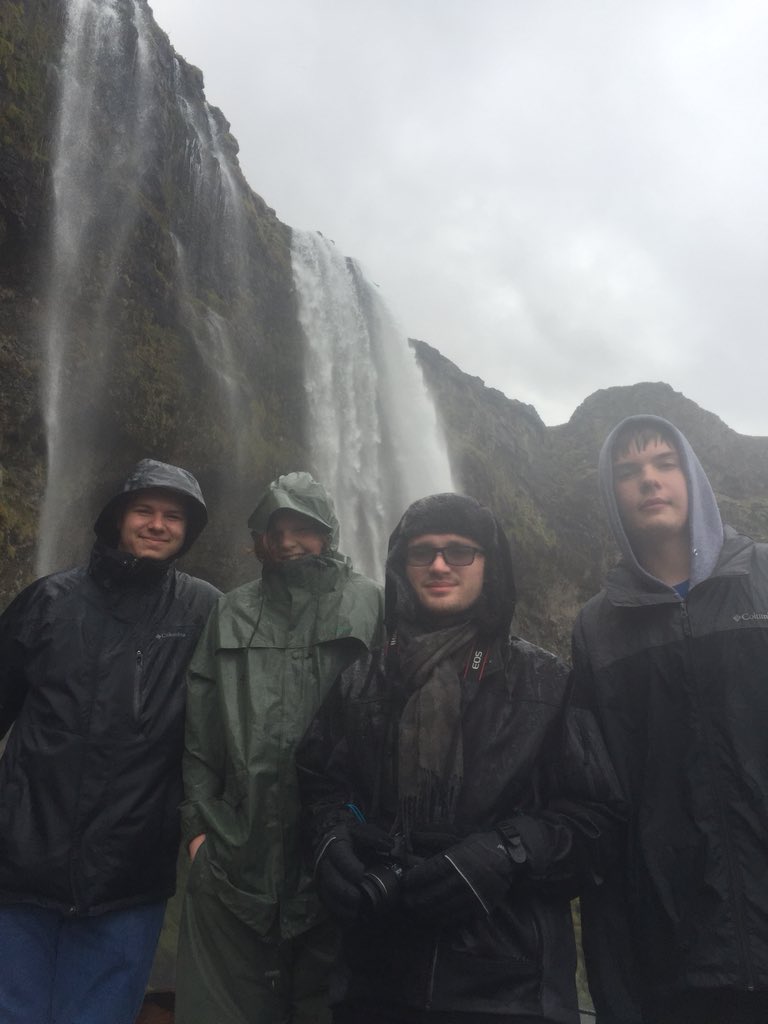 jbellmath's tweet image. Seljalandsfoss waterfall in Iceland! Made from glacier runoff, we got to walk behind the falls! Curtis, Charlie,Trey,and Owen sure look like explorers! #mhsbeyond