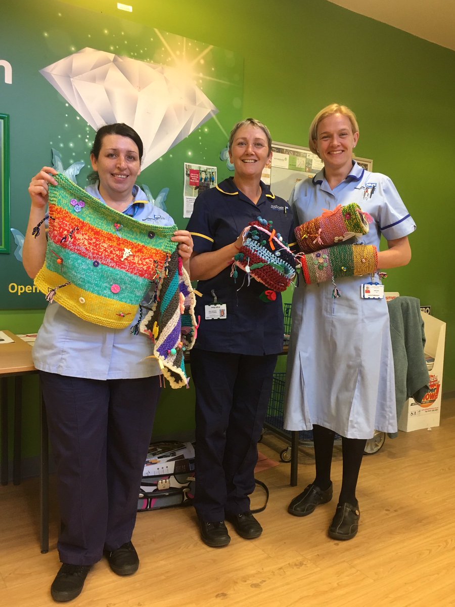 It's #dementiaactionweek and our team are hard at work raising awareness. Thank you to lots of lovely local knitters who make these twiddle muffs for our patients with dementia #charitytuesday