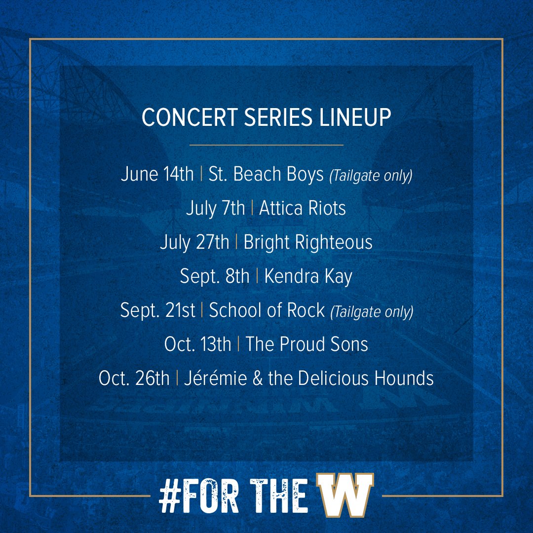 Wpg_BlueBombers's tweet image. Newly announced for halftime performances this year - a seven-game Concert Series will see local talent perform both on the Blue &amp;amp; Gold Stage pre-game and at halftime!
Line-up &amp;amp; band bios ➡️ ow.ly/XghX30k7FG5