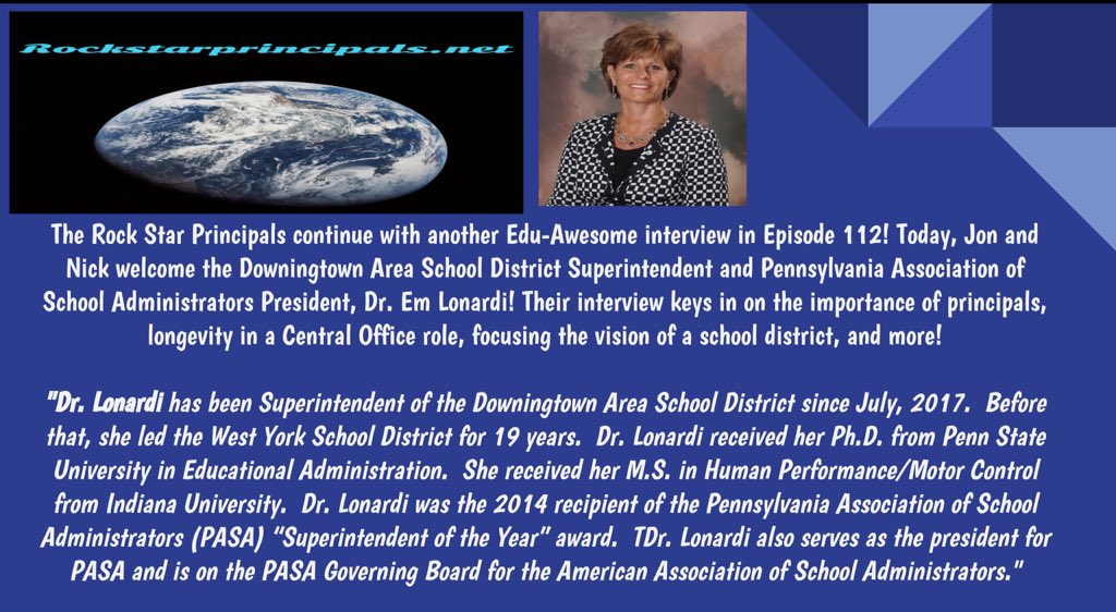 RckStrPrincipal's tweet photo. Episode 112 features an #EduAwesome interview with @DASD_Supt, Dr. Em Lonardi! Don’t miss this opportunity to hear from a veteran superintendent on all the important issues surrounding our field today! #edchat #edtechchat #satchat #sunchat #dasdpride https://t.co/gDhM1l5U0m
