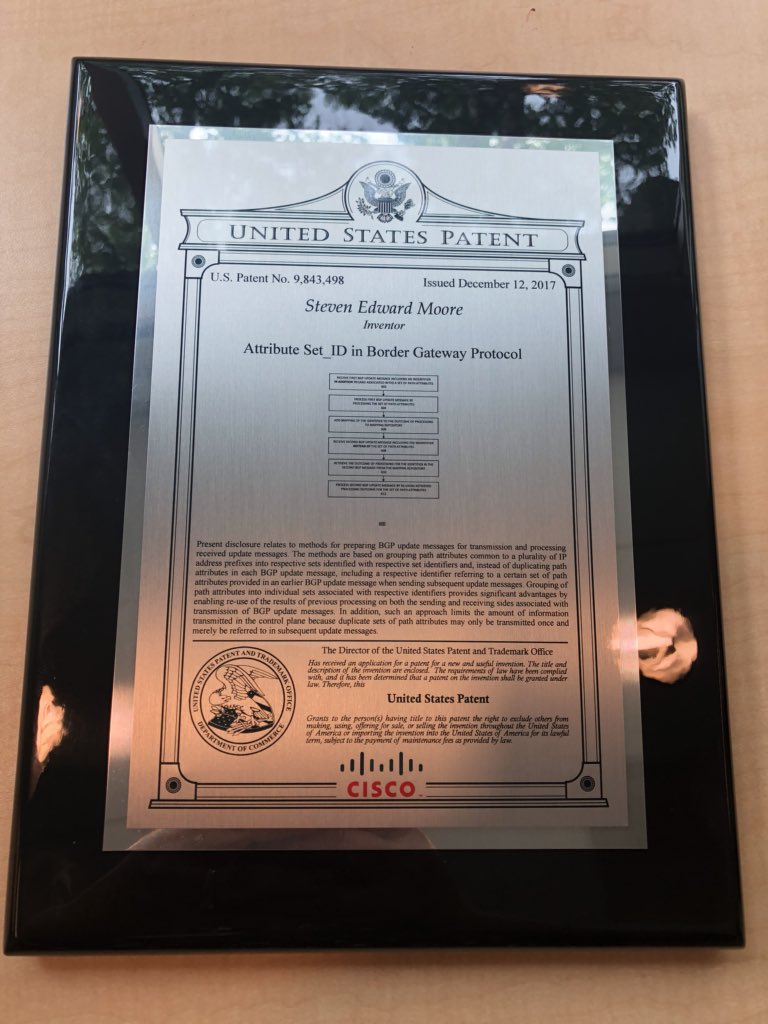 arobotti's tweet photo. SO proud of @smoore_bits, accepting his NINTH and TENTH patent at the #Cisco #RTP Patent Awards Ceremony this morning! #WeAreCisco #LoveWhereYouWork #CiscoSE #BGP https://t.co/u9qgCL7Key