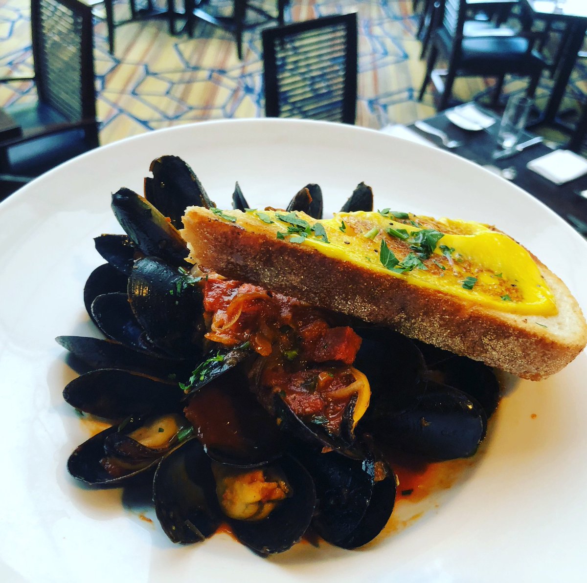 ChoppsAmGrill's tweet photo. This tastes even better than it looks! We're offering Pan Roasted Blue Hill Bay Mussels with Chorizo, Spring Leeks, and Saffron in a spicy tomato broth as a special all week! https://t.co/GdWKnNP7Av