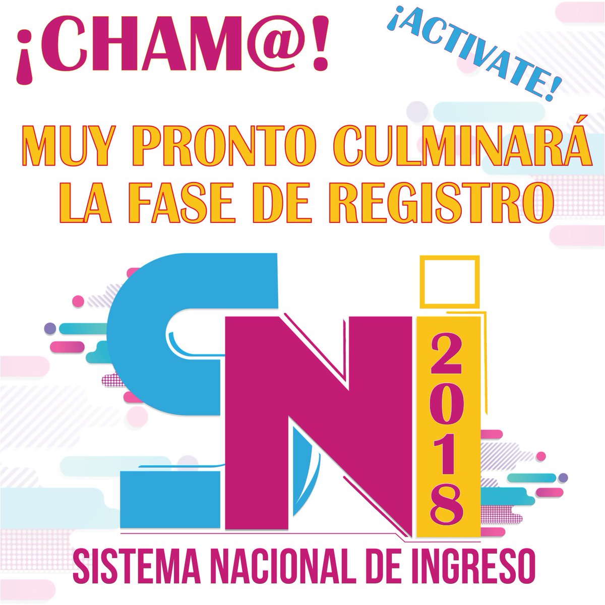 #Atención #estudiante #Bachiller No esperes hasta el último momento para hacer tu registro! La fecha de cierre del Sistema Nacional de Ingreso es el 27-05
#PresidenteMaduro <a href="/NicolasMaduro/">Nicolás Maduro</a> <a href="/hugbelpsuv/">Hugbel Roa</a> @mppeuct <a href="/OCTmppeuct/">coord territorial</a> <a href="/UTCDany/">UTCDany</a> @UTCYeymi <a href="/utcanamoreno/">Ana Moreno</a> <a href="/CiudadVLC/">Ciudad Valencia</a> <a href="/CiudadVLC899/">CiudadVLC</a>