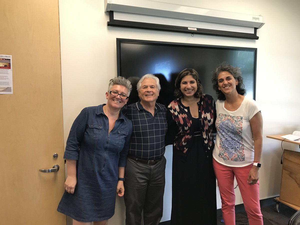 APPRecovery's tweet image. More photos from last week! From L to R: @rayenchil, @APPRecovery/@artepublico director, Nicolás Kanellos, @roopikarisam and @gbaezaventura. #usldh #digitalhumanities #pocoDH #USLatinoLit