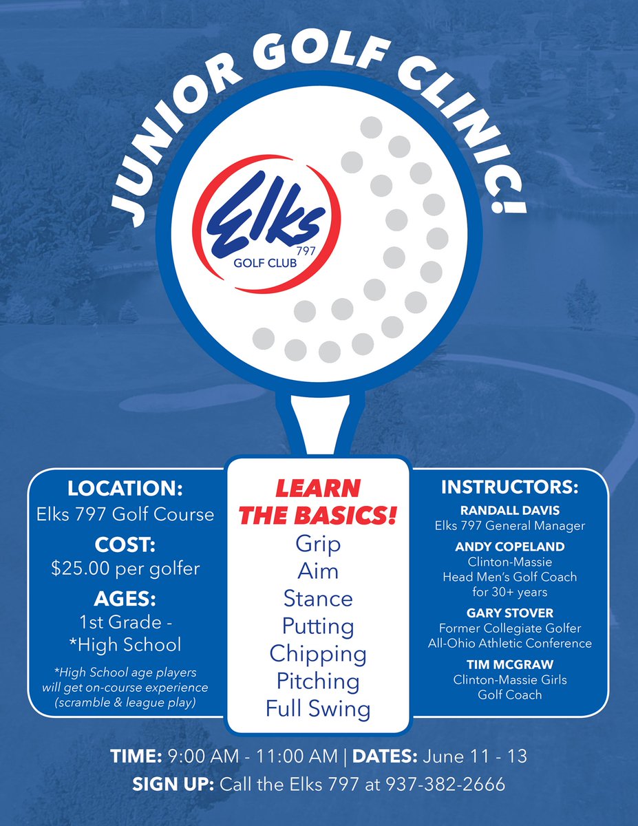 We are thrilled to announce our 2nd annual junior golf clinic! We will be covering all aspects of the game including the full swing, short game and course etiquette. 

📞 the #Elks797GC at 937-382-2666 to sign your junior up!