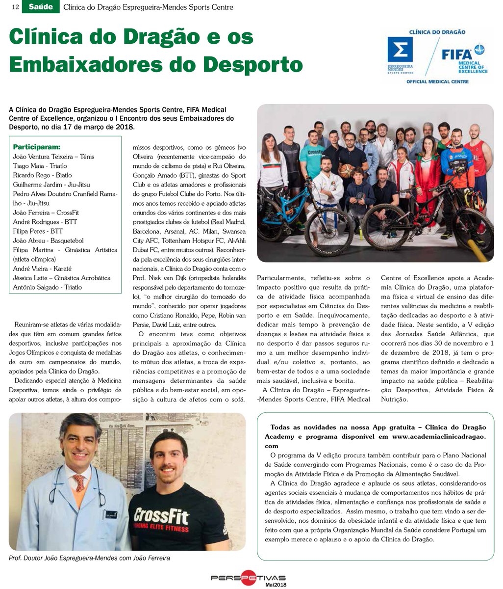 CEspregueira's tweet photo. #EMBAIXADORES DO #DESPORTO DA #CLÍNICADODRAGAO #ESPREGUEIRAMENDESSPORTSCENTRE #FIFAMEDICALCENTREOFEXCELLENCE
JORNAL Público - #PRESPECTIVAS
Maio 2018
#APPCLINICADODRAGAOACADEMY #JSA2018 https://t.co/Ibem3ziPPl