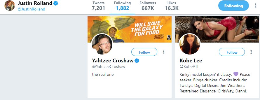 DeviousDingbat's tweet photo. @JustinRoiland sure does follow a lot of porn on Twitter. Glad I got to know his sexual tastes today. Totally wasn't really weird. And this is just what I saw at a glance, there is plenty more. https://t.co/kqzekuvFoS