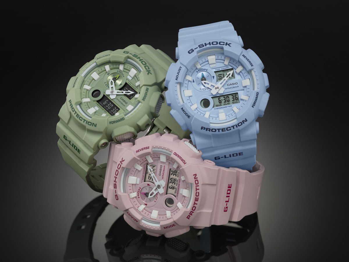 G Shock Hk Javys G Shock G Lide Pearl Blue Pink And Green All Done To A Subdued Finish Hour Markers And The Hands Are Highlighted With White Which Enhances Both