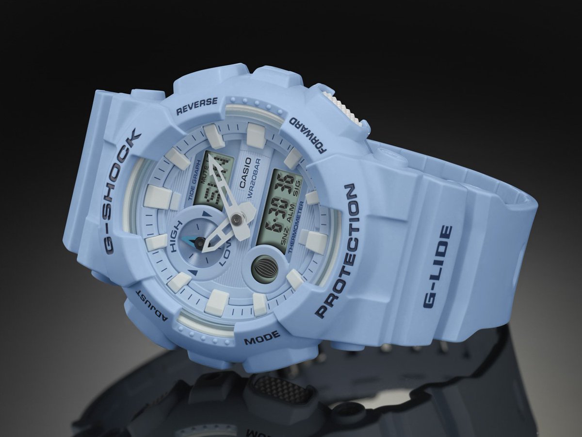 G Shock Hk Javys G Shock G Lide Pearl Blue Pink And Green All Done To A Subdued Finish Hour Markers And The Hands Are Highlighted With White Which Enhances Both