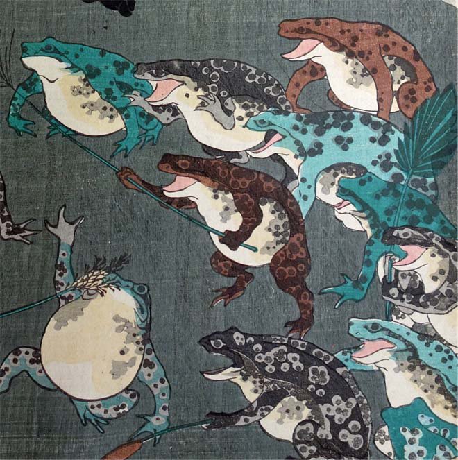 太田記念美術館 Ota Memorial Museum Of Art در توییتر 本日6 6は かえるの日 ということで 歌川芳虎が描いた カエルたちの浮世絵をご紹介 妖術使いの妖術によって出現したカエルたちが 二手に分かれて戦っている場面です 現在展示されていません 他にも浮世絵