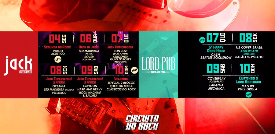 circuitodorock_'s tweet photo. Vem curtir a programação do Circuito do Rock! 🤘Jack e Lord com muita coisa boa rolando! Não fique de fora: https://t.co/sSkzj5L1kl 😉 #Programação #LordPub #JackRockBar #RockemBH https://t.co/f8Ga5ivwuz