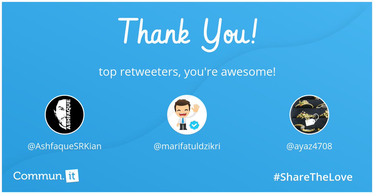 Hey @AshfaqueSRKian @marifatuldzikri @ayaz4708 thanks 🙏 for being top retweeters in this week :) You are awesome 💖🎉 :)

Find your top retweeters via cmun.it/wsoyzxzk