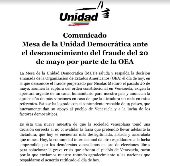 unidadvenezuela's tweet image. #Comunicado Mesa de la Unidad Democrática ante el desconocimiento del fraude del 20 de mayo por parte de la @OEA_oficial